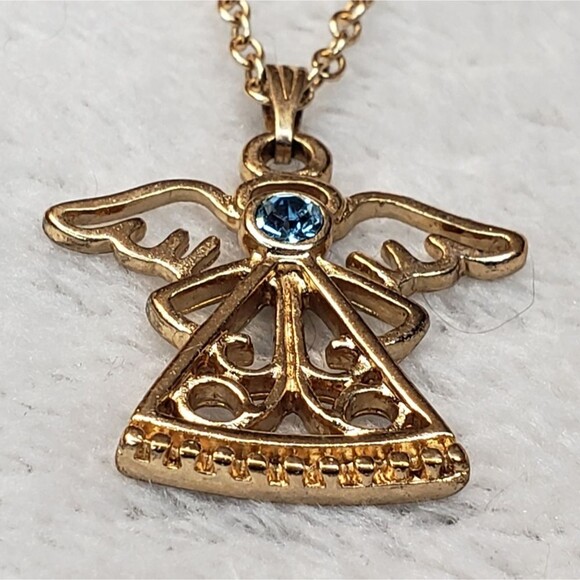 Rose Gold Angel Pendant with Aquamarine stone Necklace - Picture 4 of 5